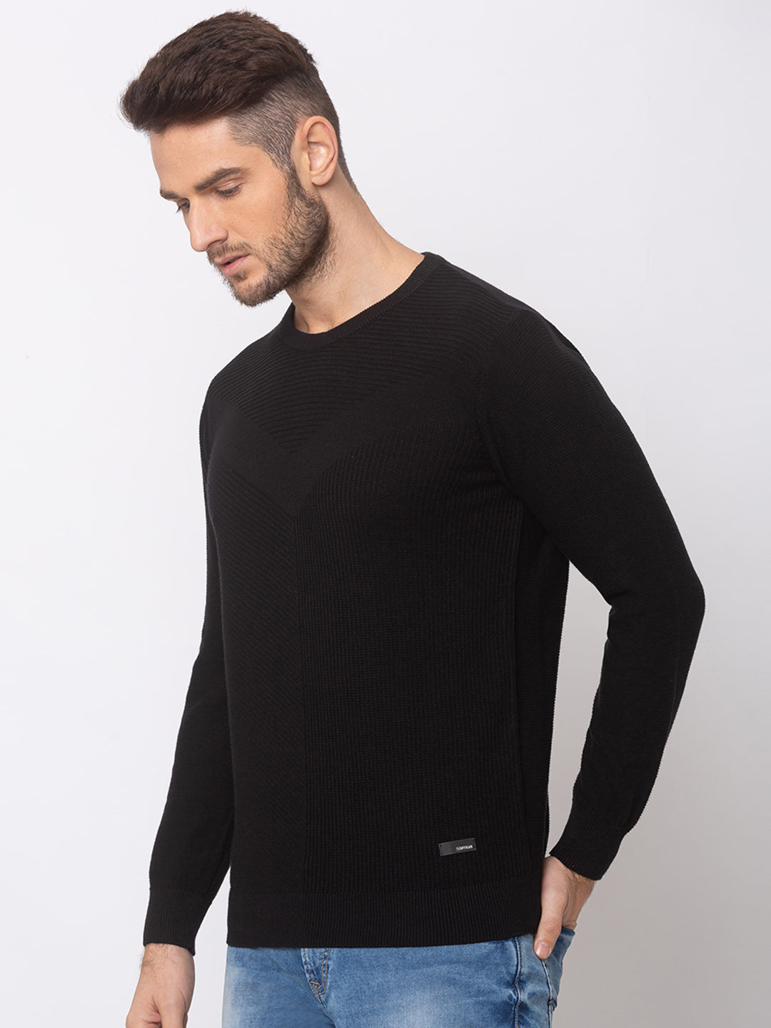 Spykar Men Black Cotton Regular Fit Sweater