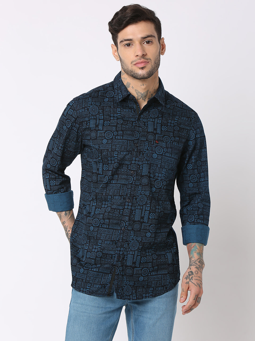 Spykar Men Navy Blue Cotton Slim Fit Printed Shirts