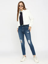 Spykar Women Off White Cotton Slim Fit Plain Crop Shirts