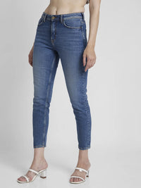 Spykar Women Mid Blue Cotton Mom Fit Ankle Length Highly Distressed Jeans -(Amora)