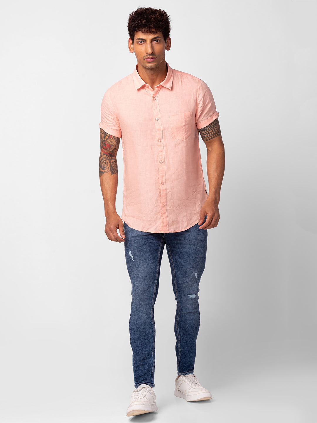 Spykar Men Peach Cotton Slim Fit Plain Shirt