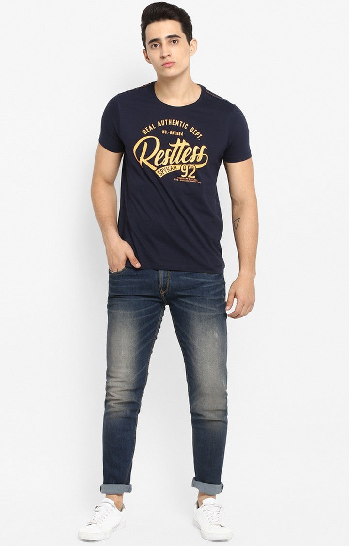 Spykar Navy Blue Printed Cotton Men T-Shirts