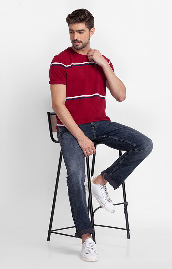 Spykar Deep Red Cotton Half Sleeve Stripes Casual T-Shirt For Men