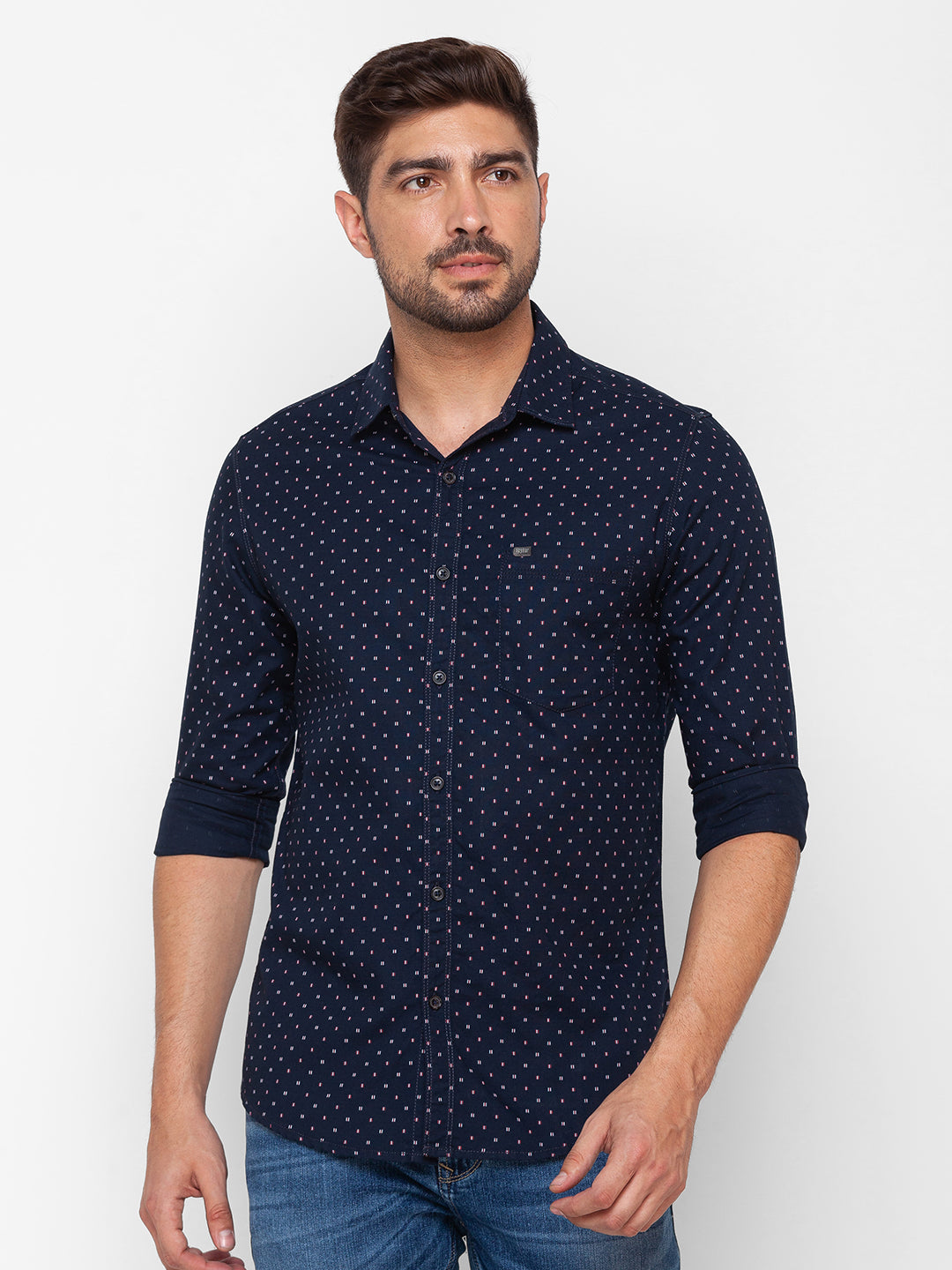 Spykar Navy Blue Cotton Full Sleeve Printed Shirt For Men