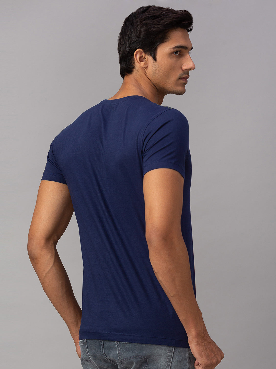 Spykar Men Blue Cotton Slim Fit Round Neck T-Shirt