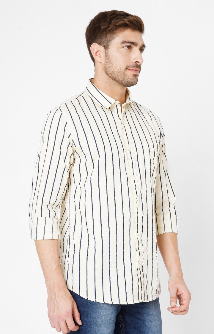 Spykar Beige Cotton Striped Slim Fit Shirts For Men