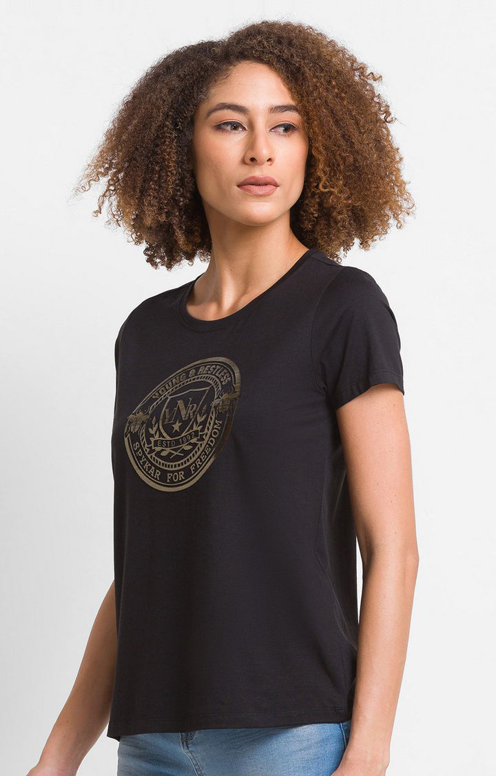 Spykar Black Cotton Blend Full Sleeve Plain Casual T-Shirts For Women