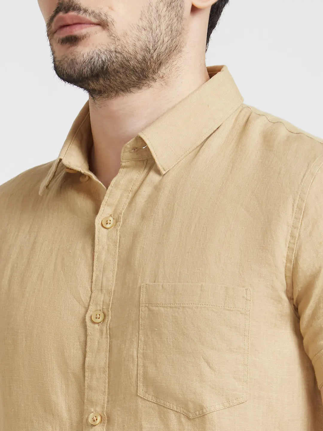 Spykar Men Camel Khaki Linen Regular Slim Fit Half Sleeve Plain Shirt