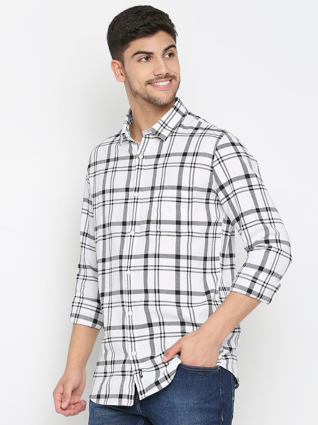 Spykar White Cotton Full Sleeve Checkered Shirt For Men