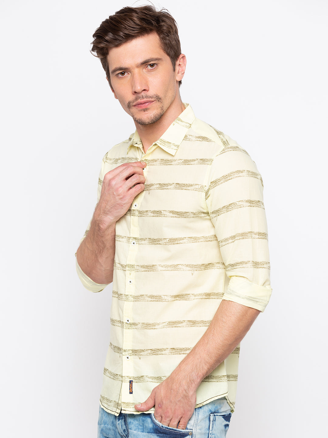 Spykar Men Yellow Striped Slim Fit Casual Shirt