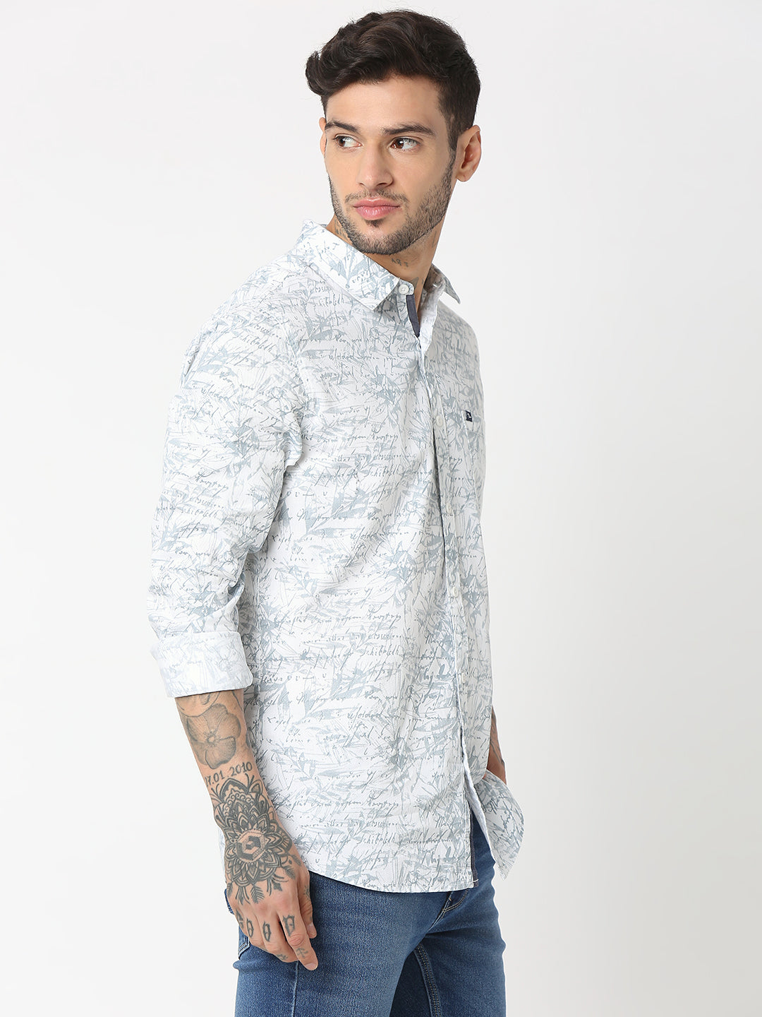 Spykar Men Grey Cotton Slim Fit Printed Shirts