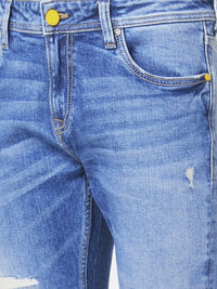 Spykar Men Mid Blue Cotton Slim Fit Tapered Length Mild Distressed Mid Rise Jeans (Kano)
