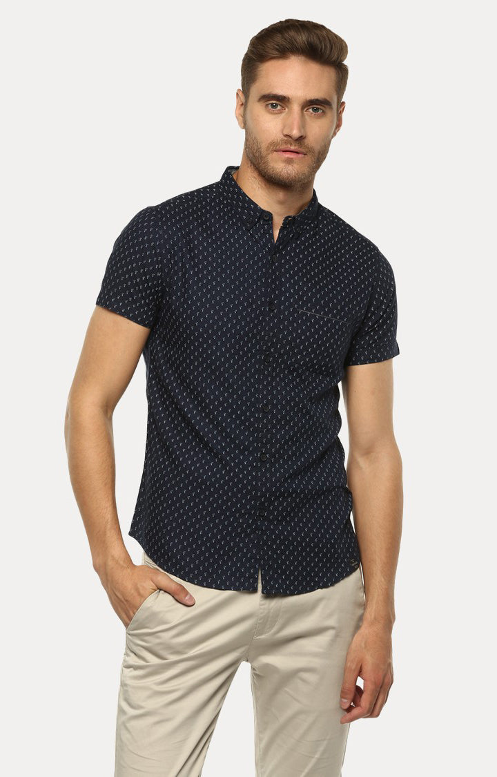 Spykar Men'S Blue Cotton Printed Casual Shirts