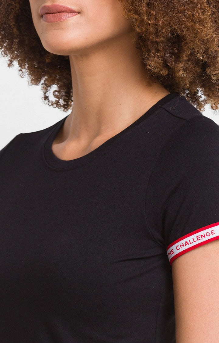 Spykar Black Cotton Blend Half Sleeve Printed Casual T-Shirts For Women