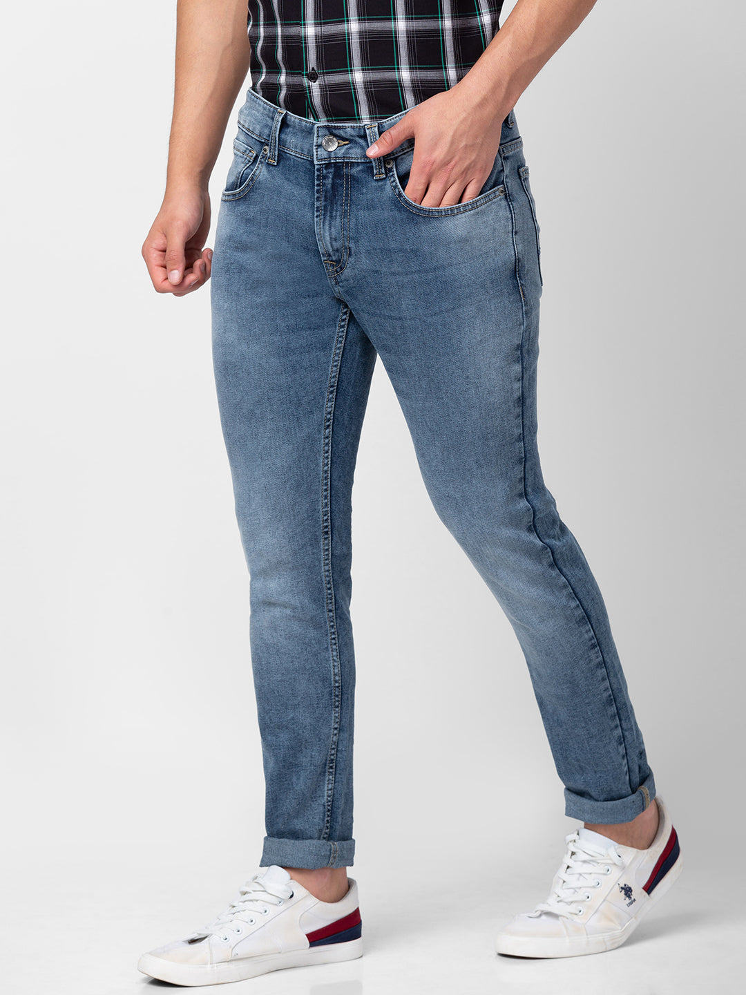 Spykar Men Mid Blue Cotton Super Slim Fit Ankle Length Jeans (Super Skinny )