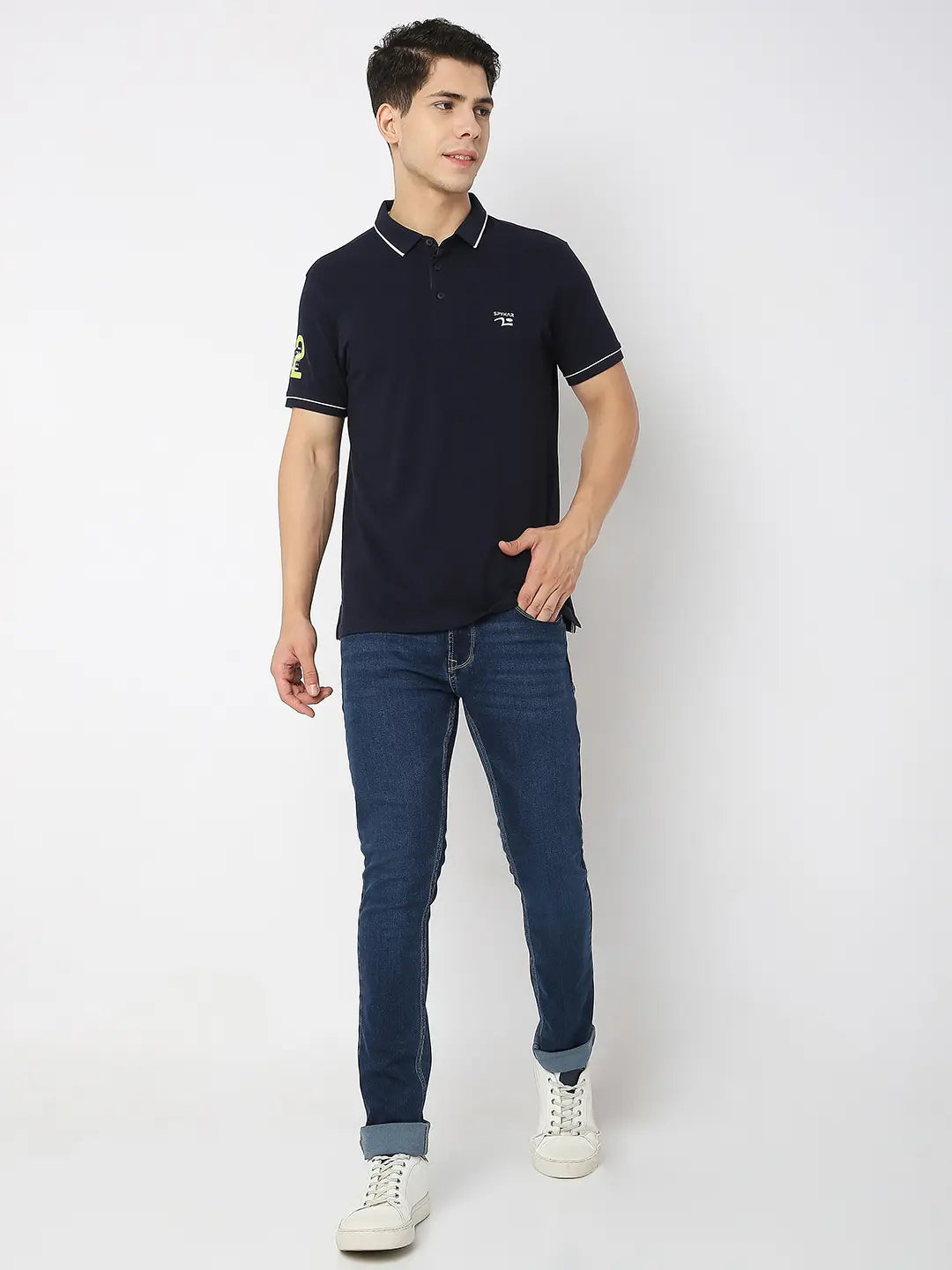 Spykar Men Navy Blue Cotton Regular Fit Plain Polo Tshirt