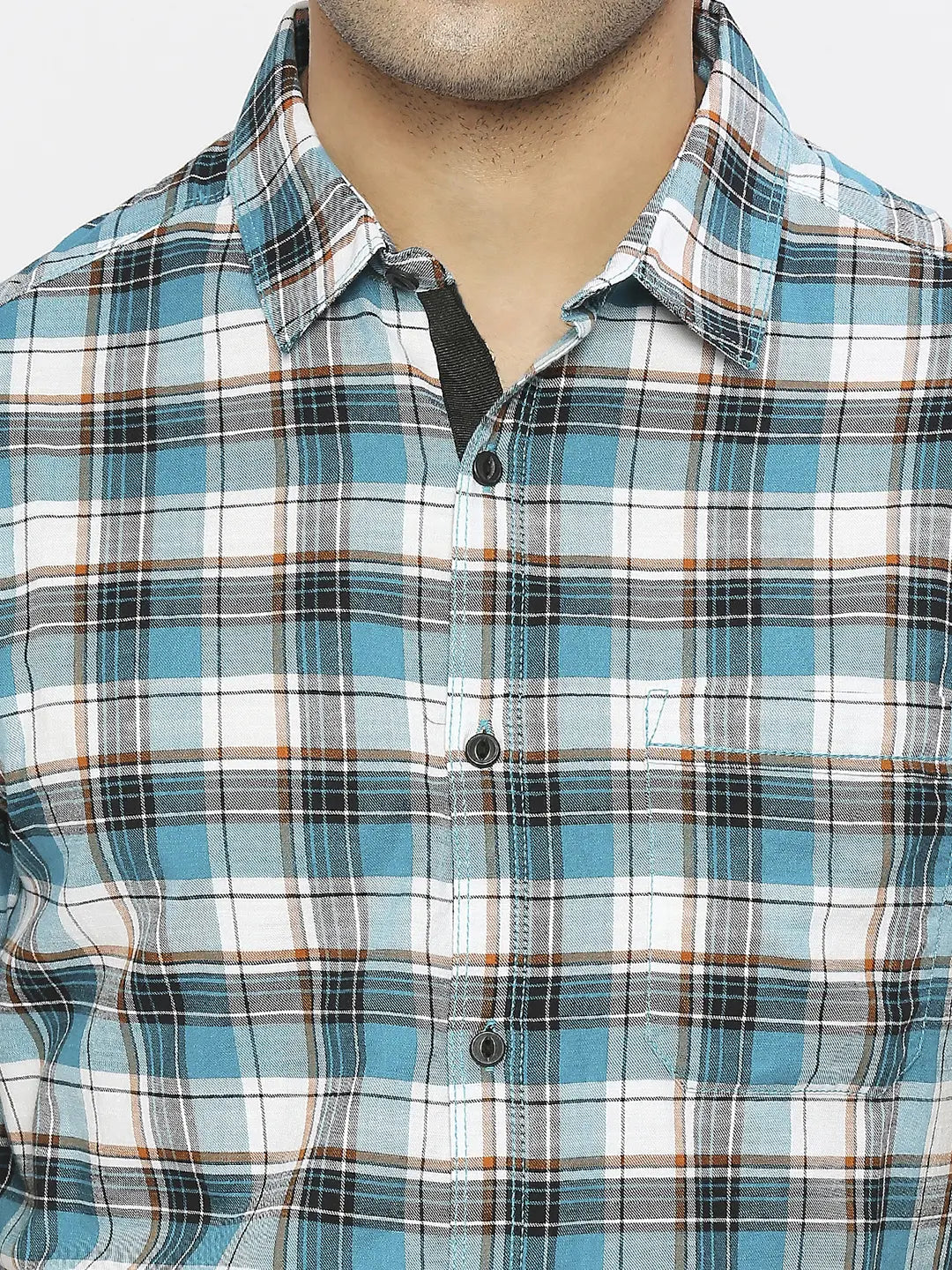 Spykar Men Dusty Turquoise Slub Slim Fit Half Sleeve Checkered Shirt