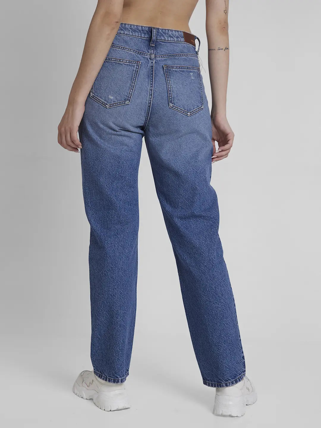 Spykar Women Mid Blue Cotton Straight Fit Regular Length Highly Distressed Jeans -(Bella)