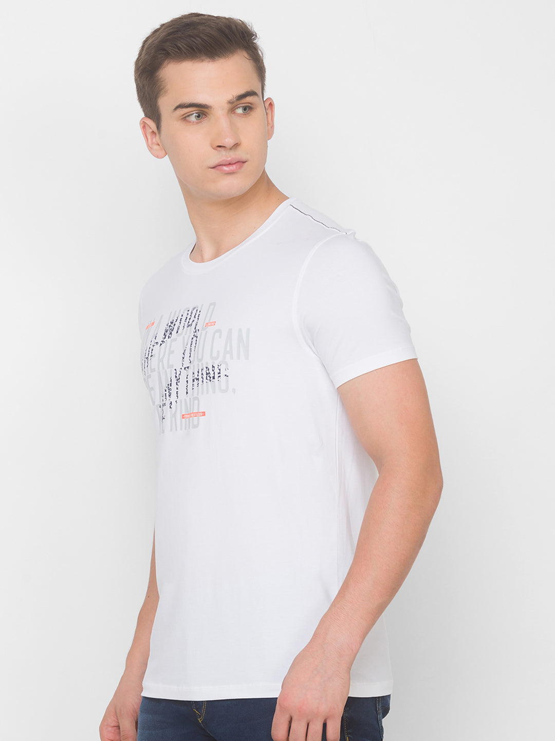 Spykar Men White Cotton Slim Fit Round Neck T-Shirt