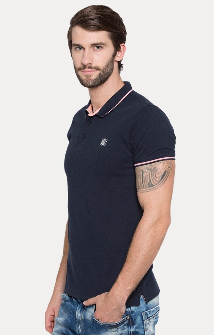 Spykar Blue Solid Slim Fit Polo T-Shirt