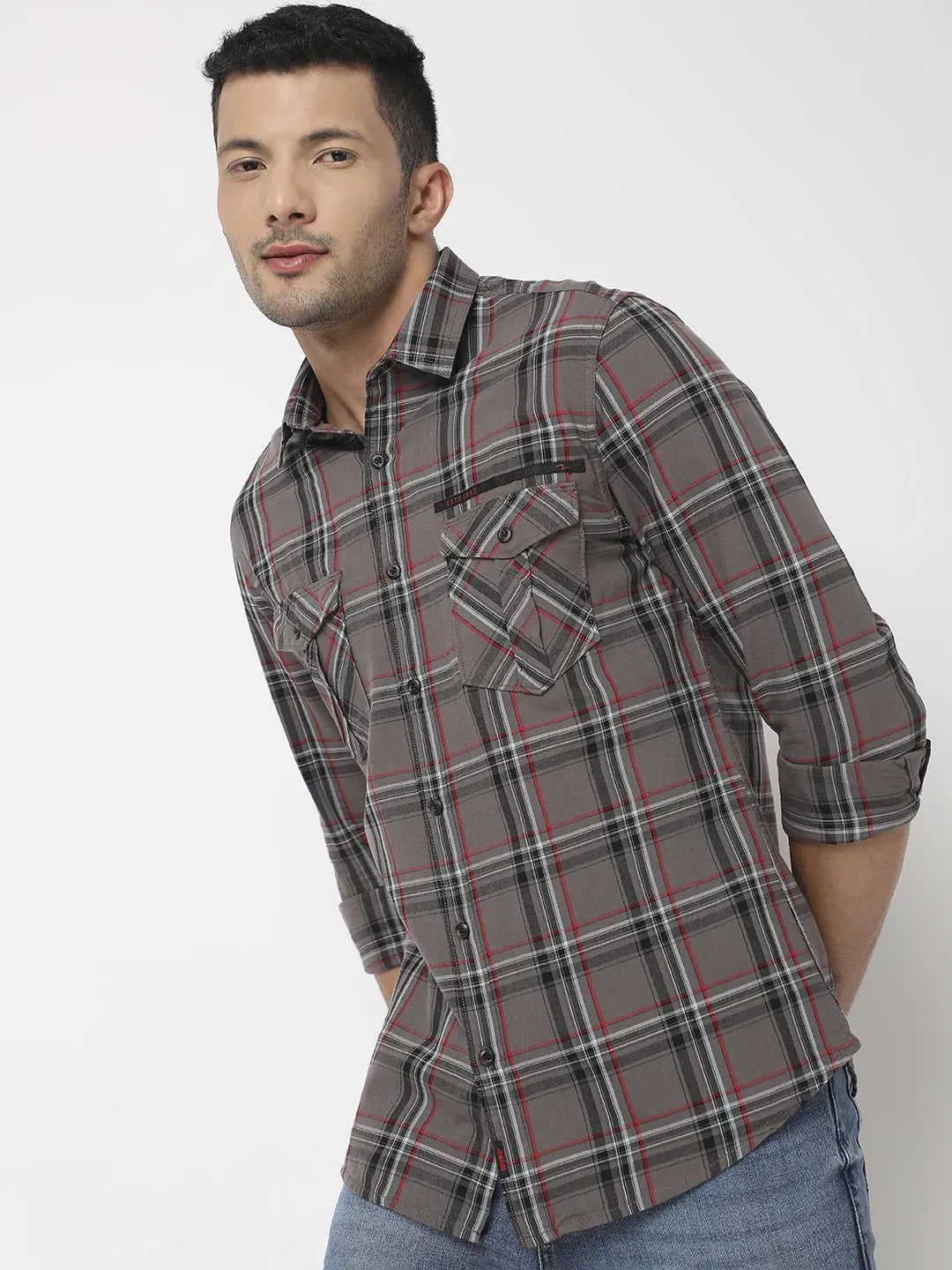 Spykar Men Coffee Brown Cotton Slim Fit Checkered Shirt