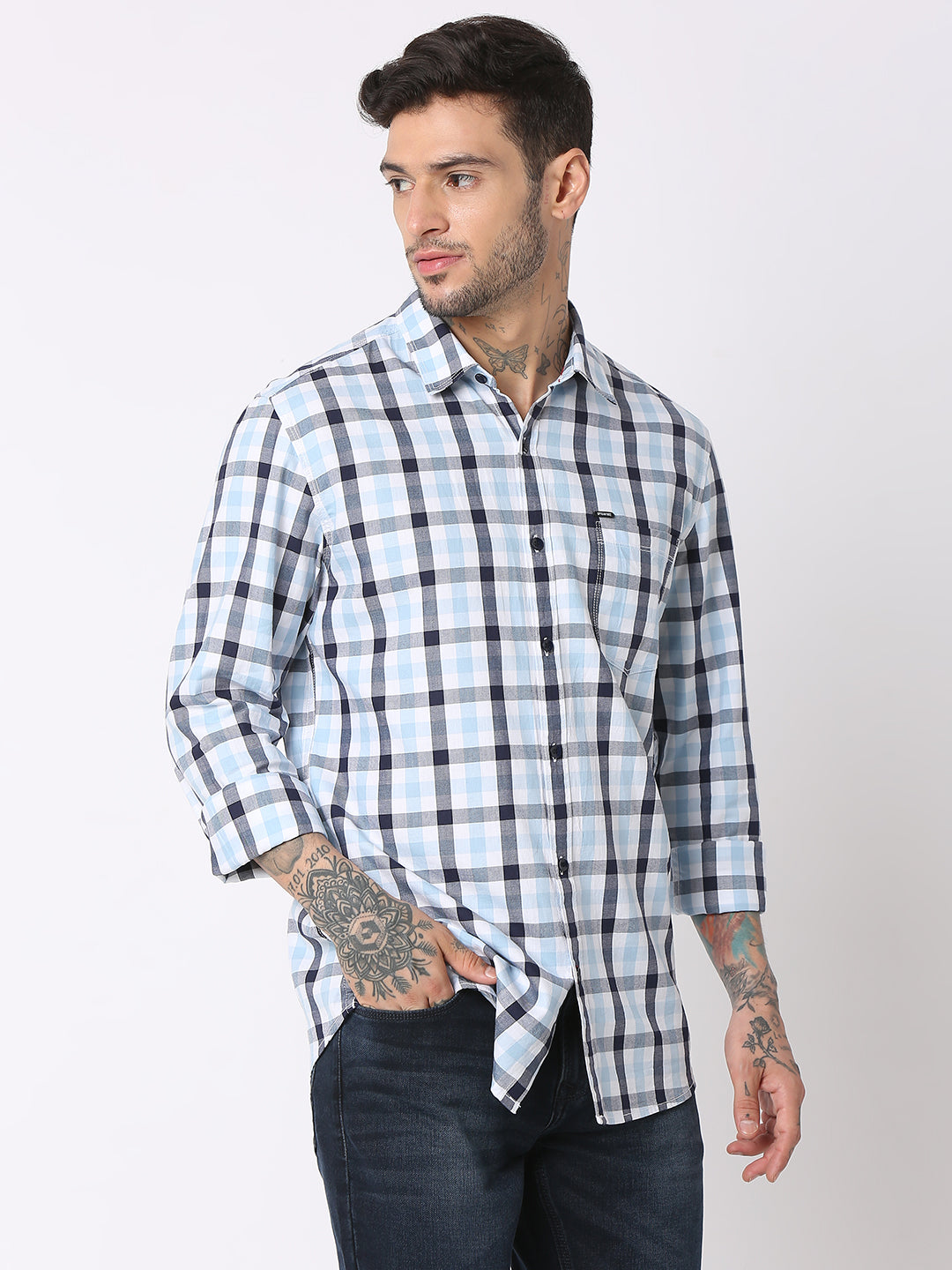 Spykar Men Sky Blue Cotton Regular Fit Checkered Shirts