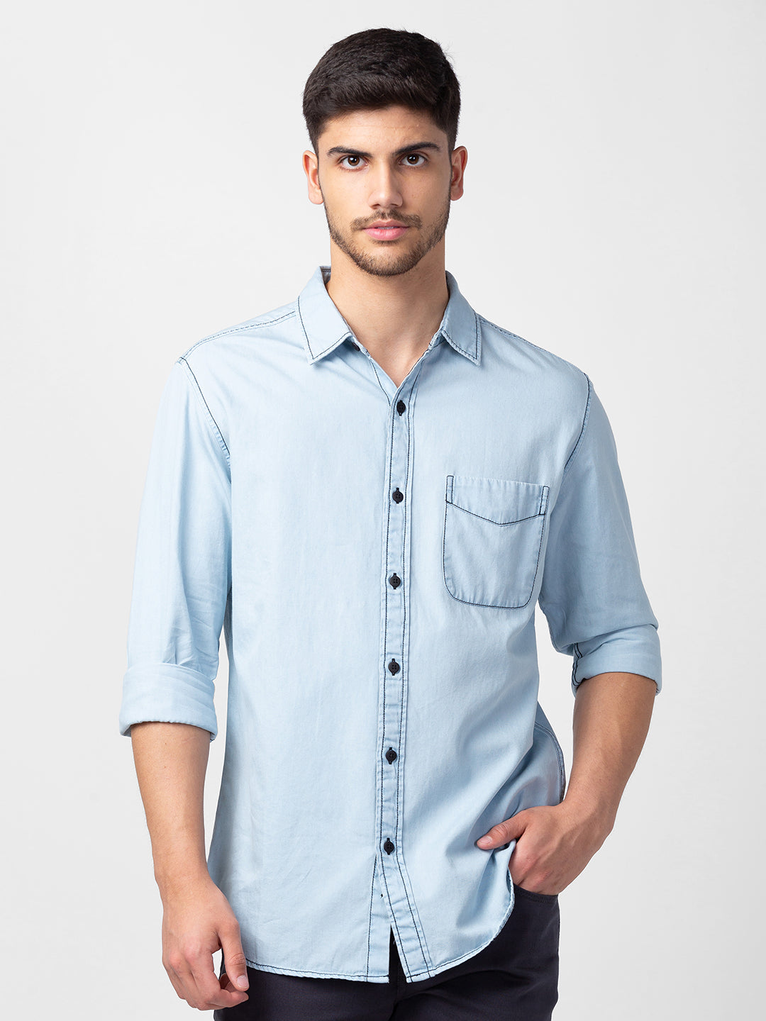 Spykar Men Light Blue Cotton Slim Fit Denim Shirt