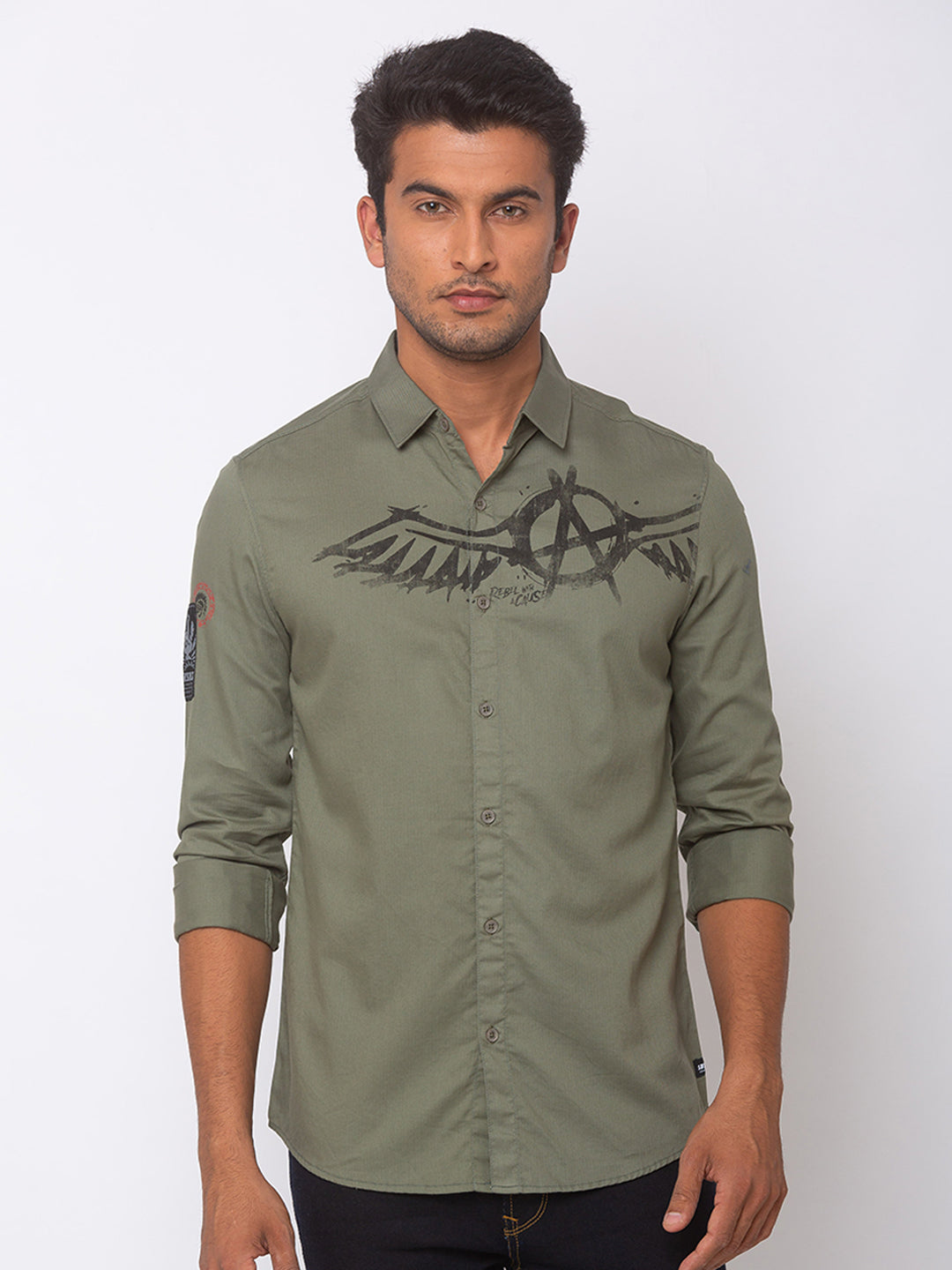 Spykar Men Olive Green Cotton Slim Fit Shirt