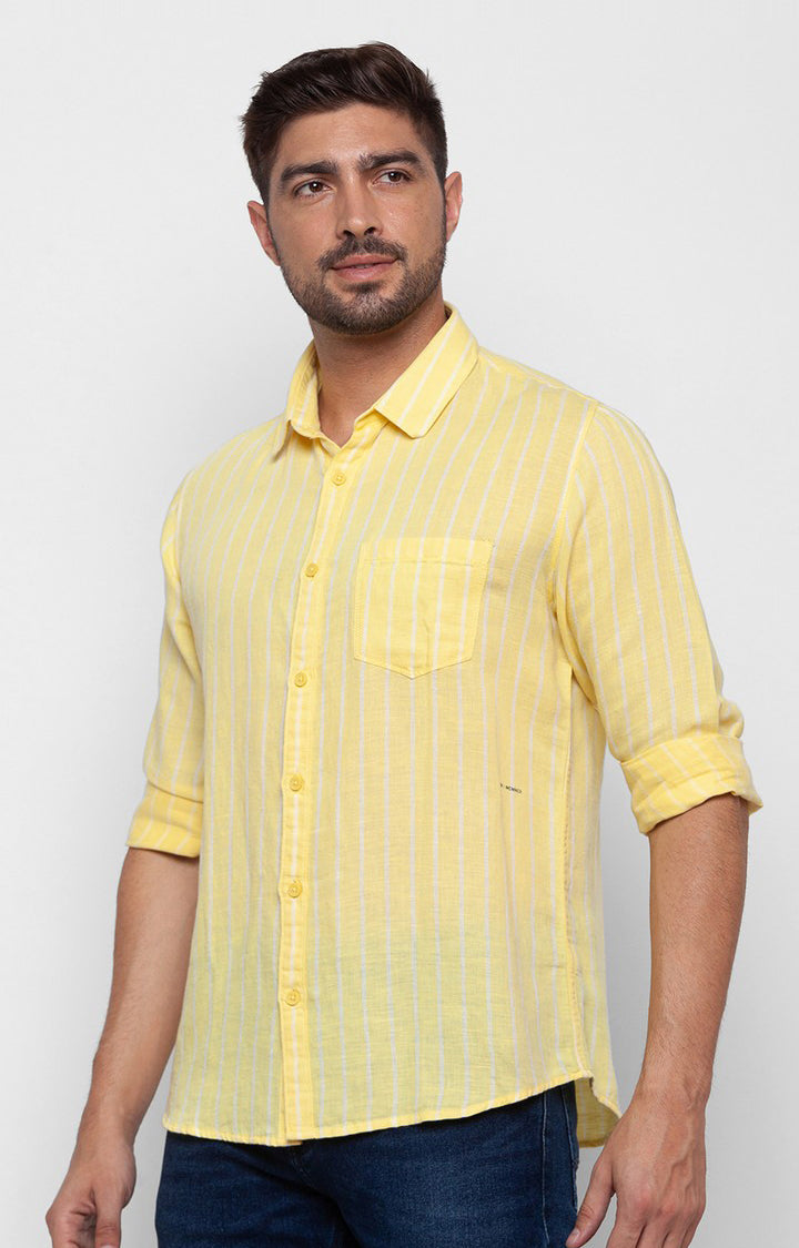 Spykar Butter Yellow Cotton Full Sleeve Stripes Shirt For Men