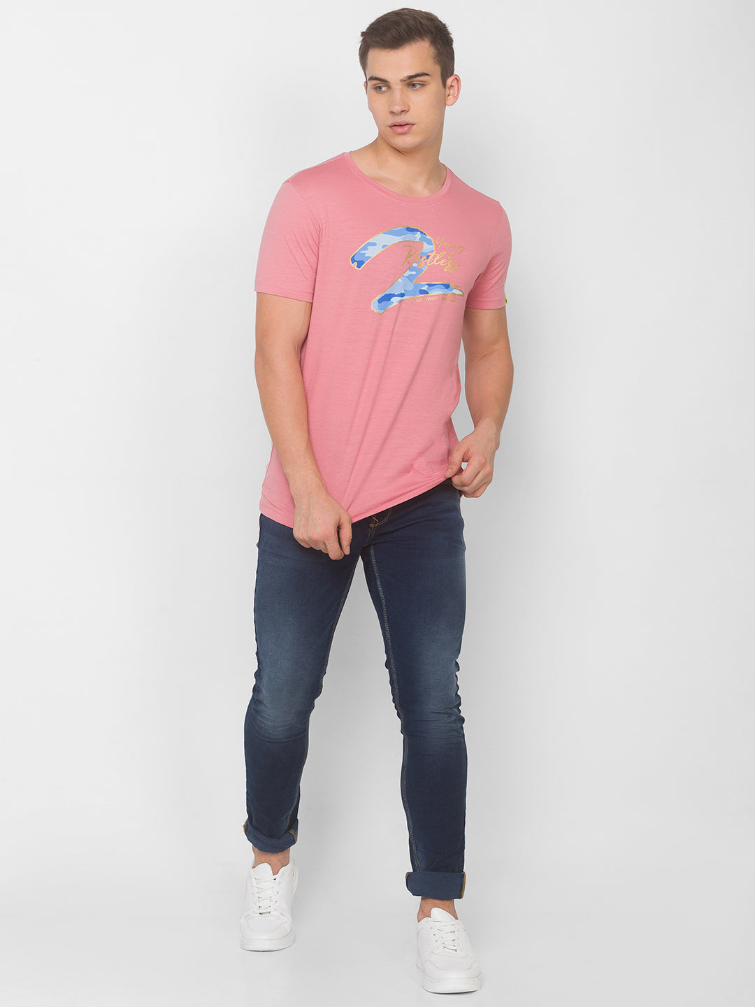 Spykar Men Pink Cotton Slim Fit Round Neck T-Shirt