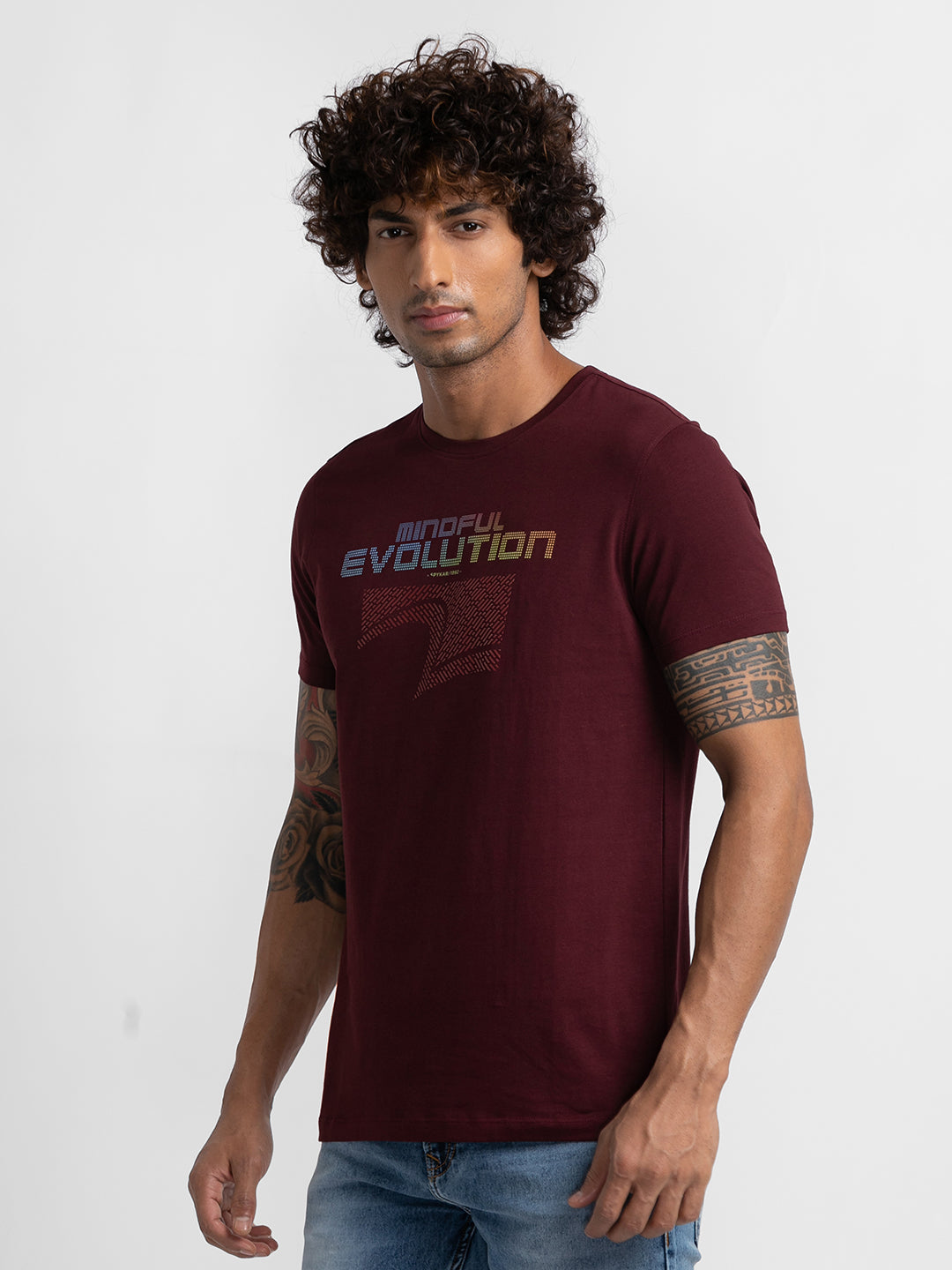 Spykar Wine Cotton Half Sleeve Printed Casual T-Shirt For Men