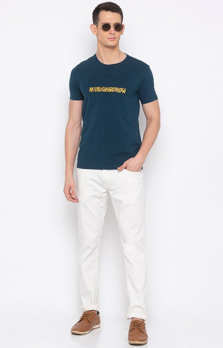 Spykar Blue Cotton Slim Fit T-Shirt For Men