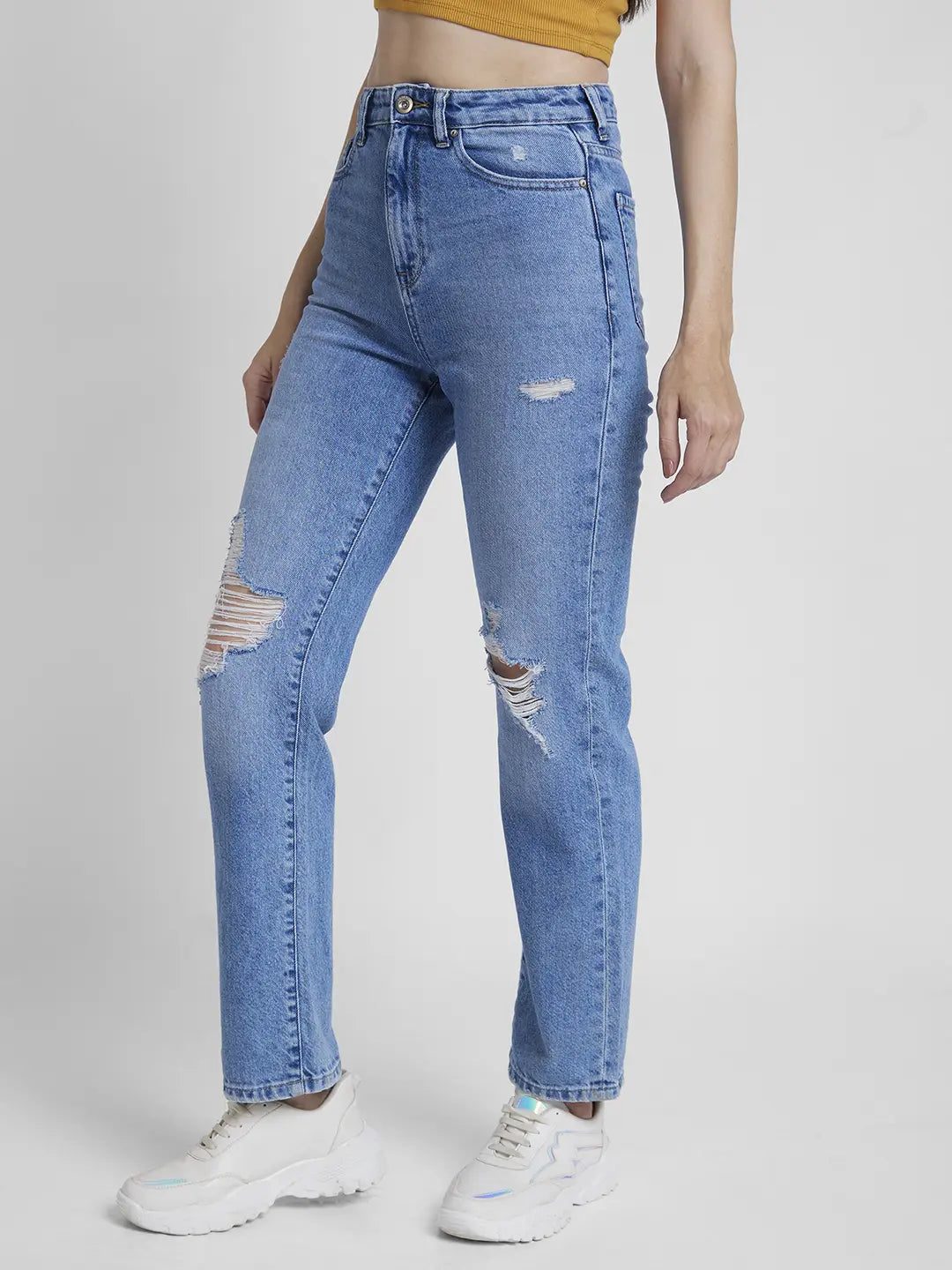 Spykar Women Light Blue Cotton Straight Fit Regular Length Mild Distressed Jeans -(Bella)