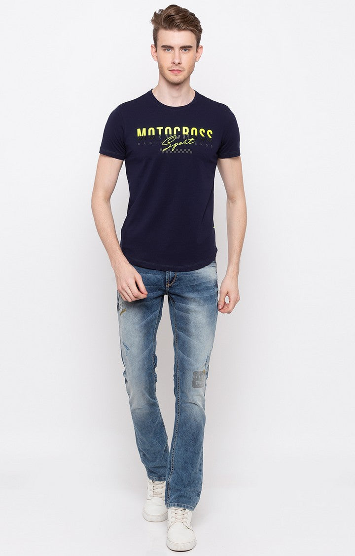 Spykar Navy Printed Slim Fit Men T-Shirts