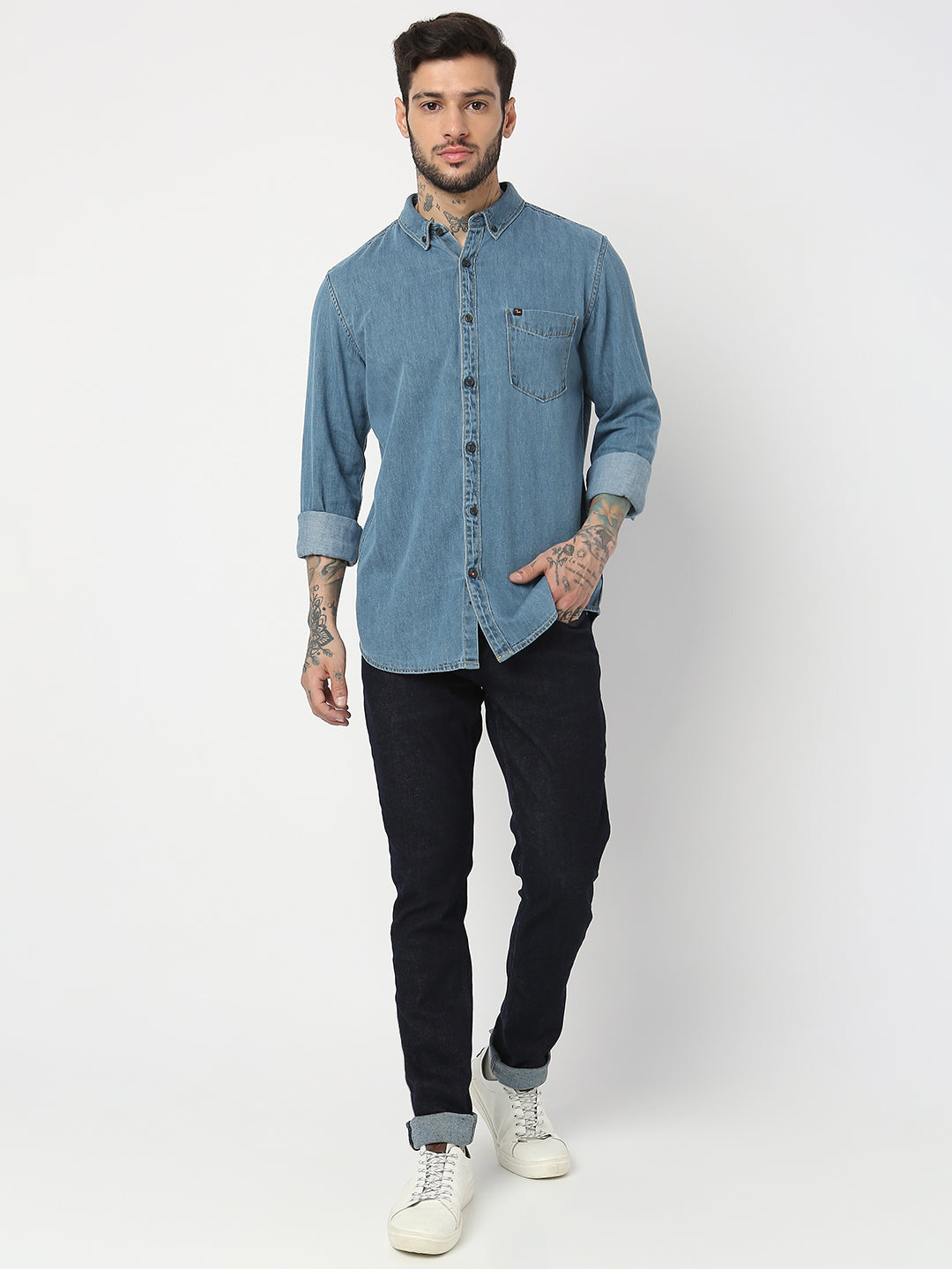 Spykar Men Mid Blue Cotton Slim Fit Denim Shirts