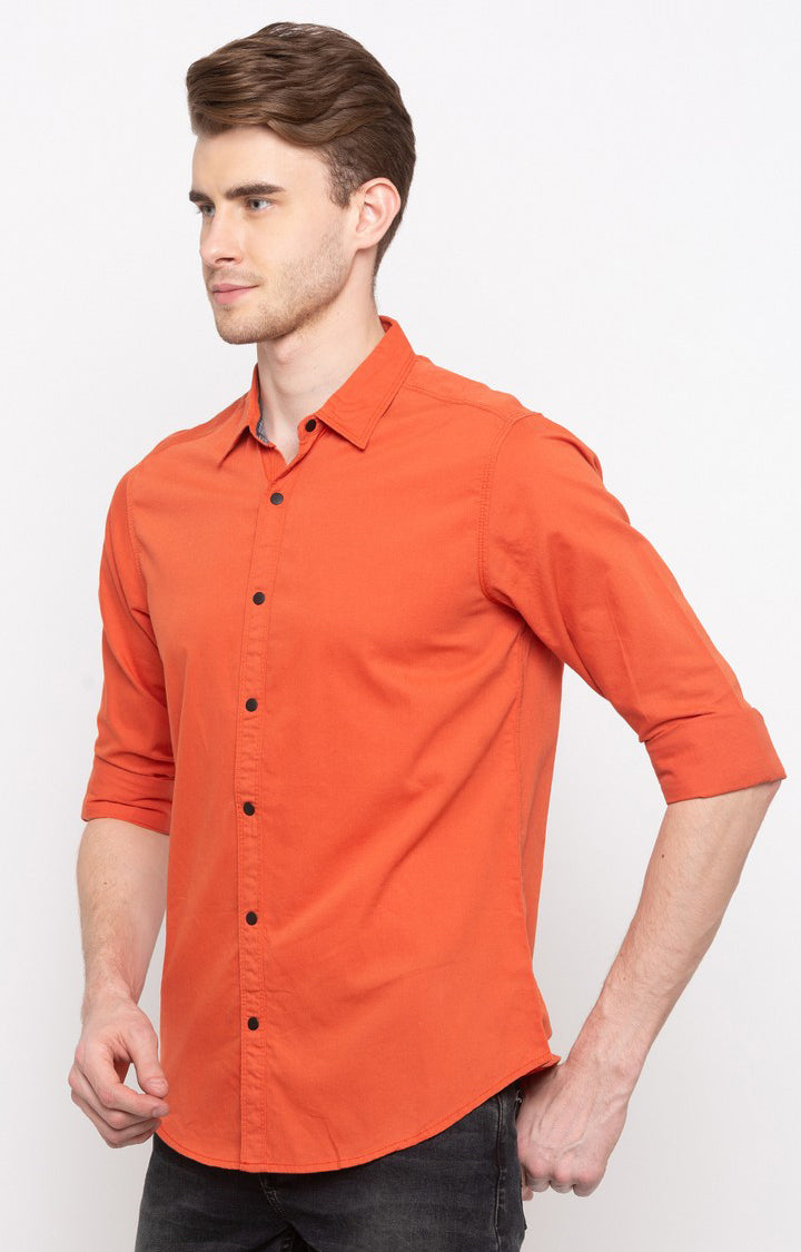 Spykar Men'S Orange Cotton Solid Casual Shirts