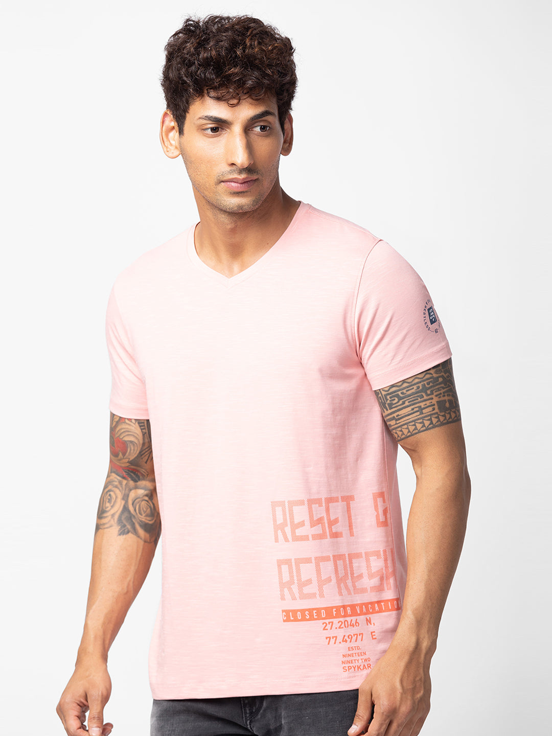 Spykar Men Pink Cotton Regular Fit Half Sleeve Printed T-Shirt