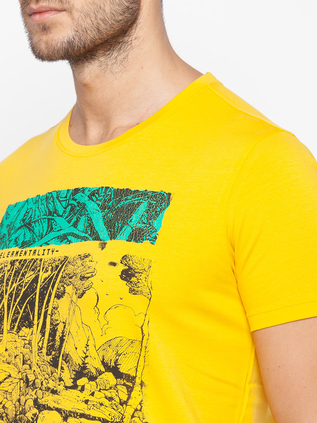 Spykar Men Yellow Cotton Slim Fit Round Neck T-Shirt