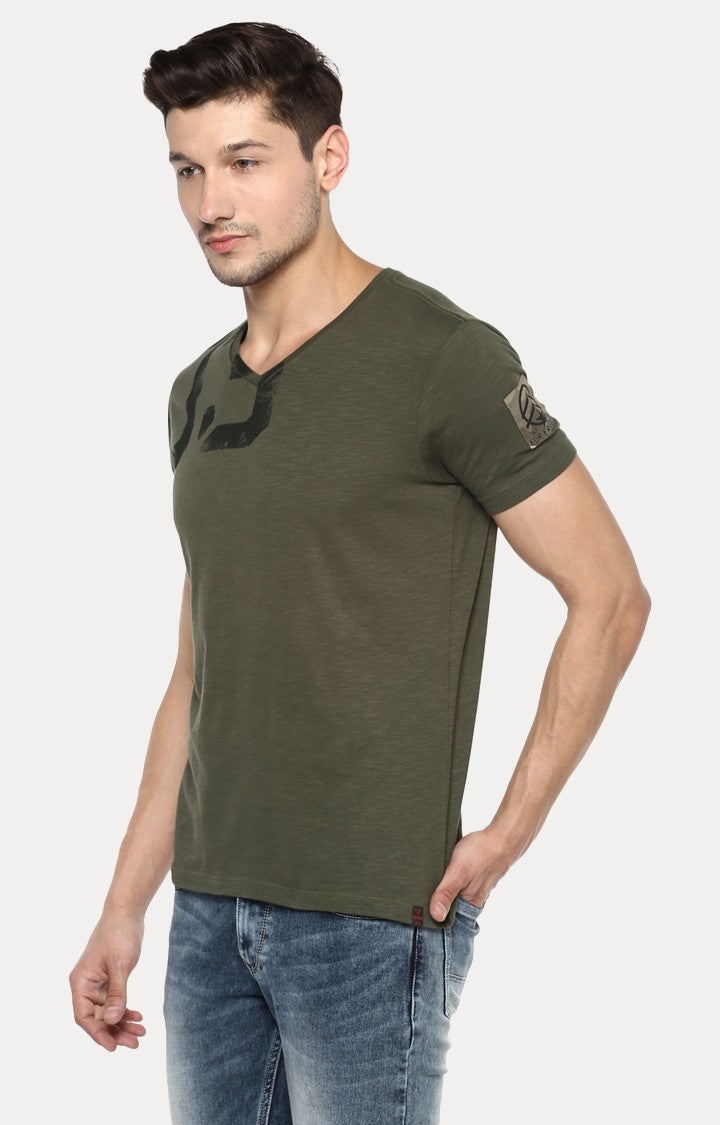 Spykar Green Melange Slim Fit Men T-Shirts