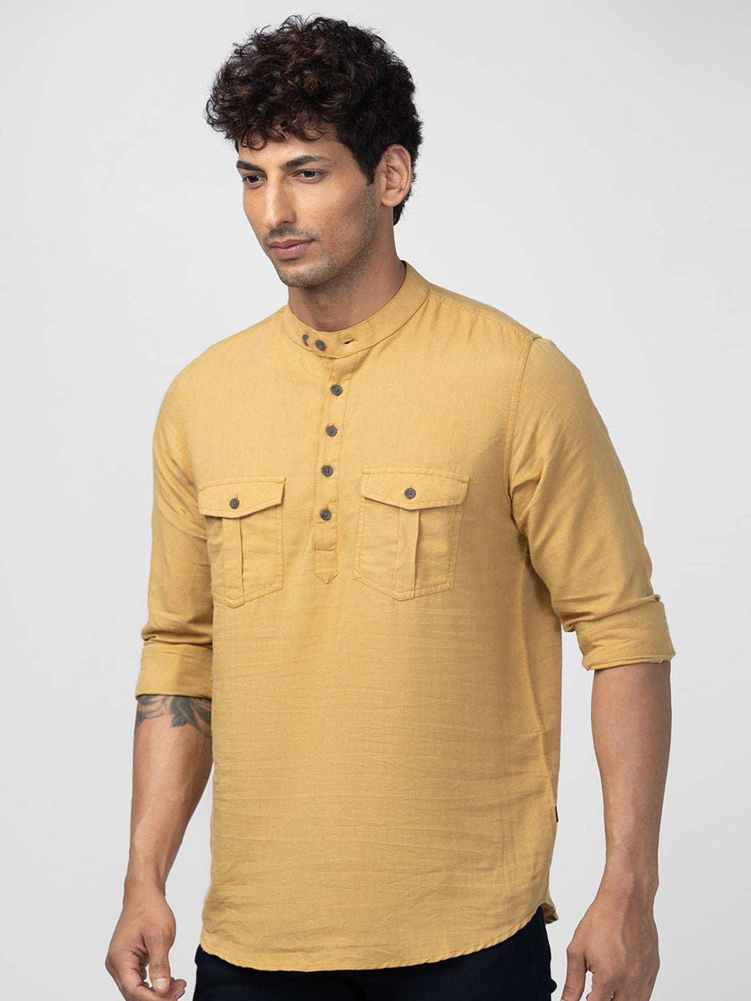 Spykar Men Camel Khaki Linen Regular Slim Fit Plain Shirt