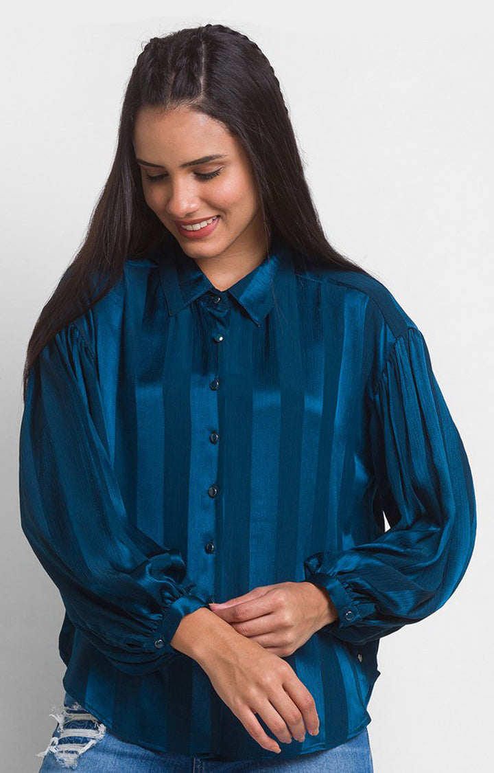 Spykar Teal Polyester Full Sleeve Stripes Shirt For Women
