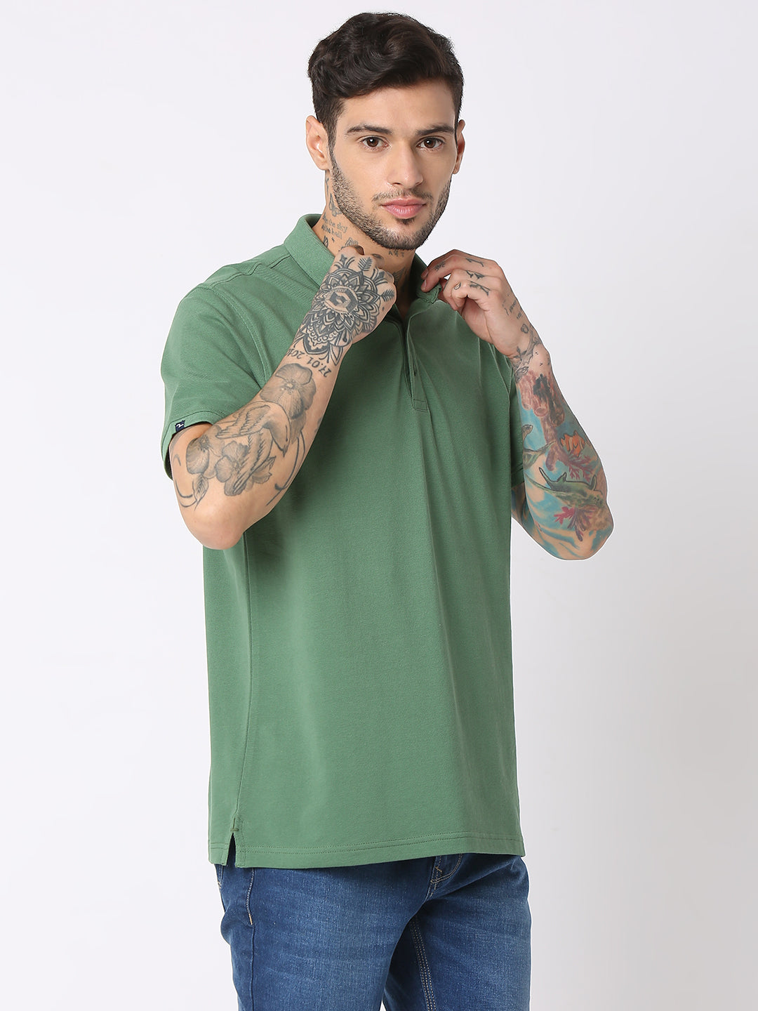 Spykar Men Dark Sage Green Cotton Regular Fit Polo Plain T-Shirt