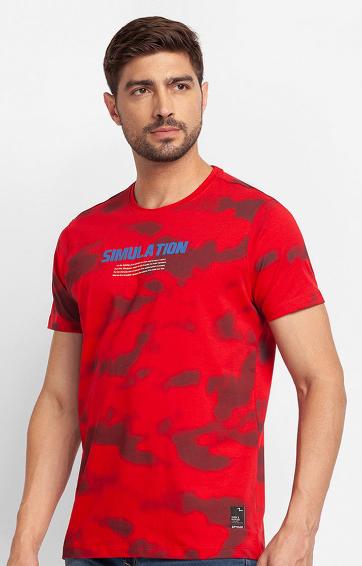 Spykar True Red Cotton Half Sleeve Printed Casual T-Shirt For Men