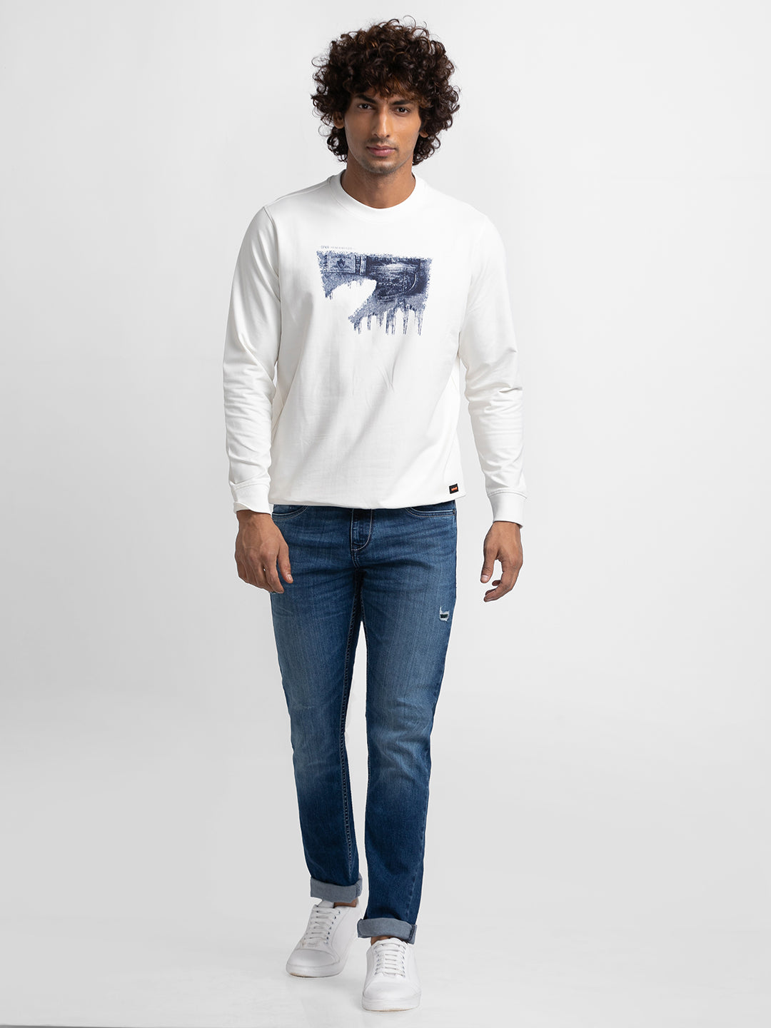 Spykar Ecru Cotton Full Sleeve Round Neck Sweatshirt For Men