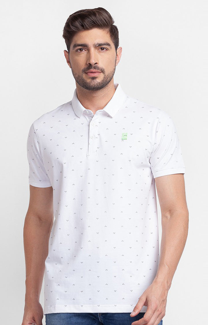 Spykar White Cotton Half Sleeve Printed Casual Polo T-Shirt For Men