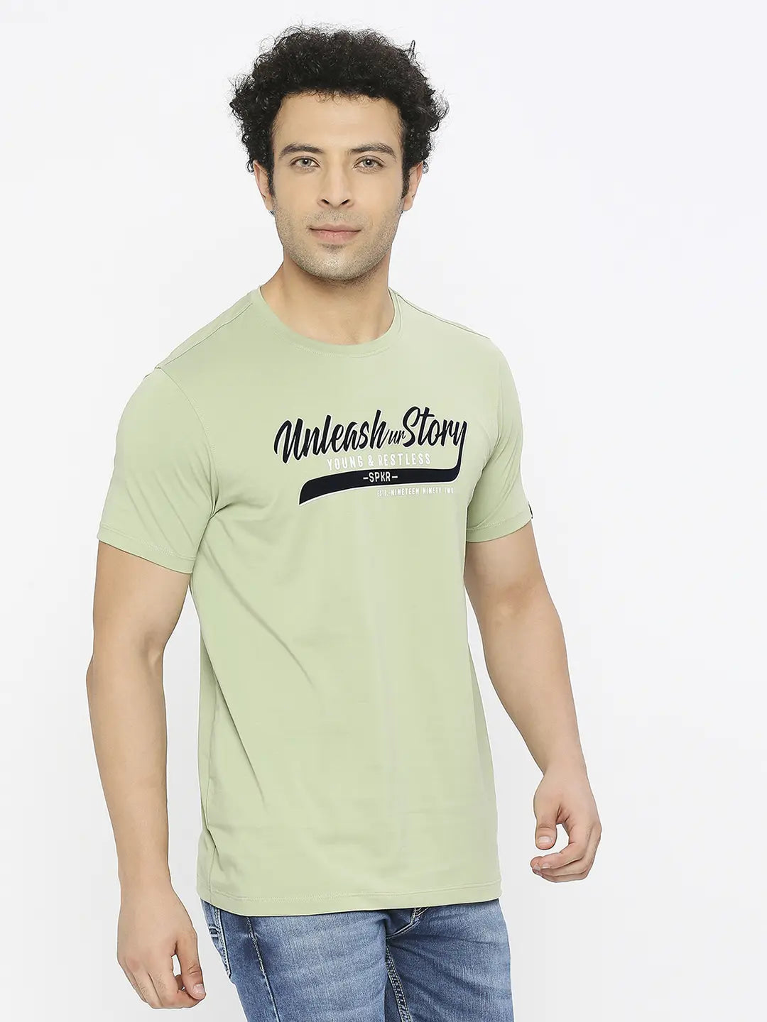 Spykar Men Dusty Green Blended Regular Fit Half Sleeve Printed Round Neck Tshirt