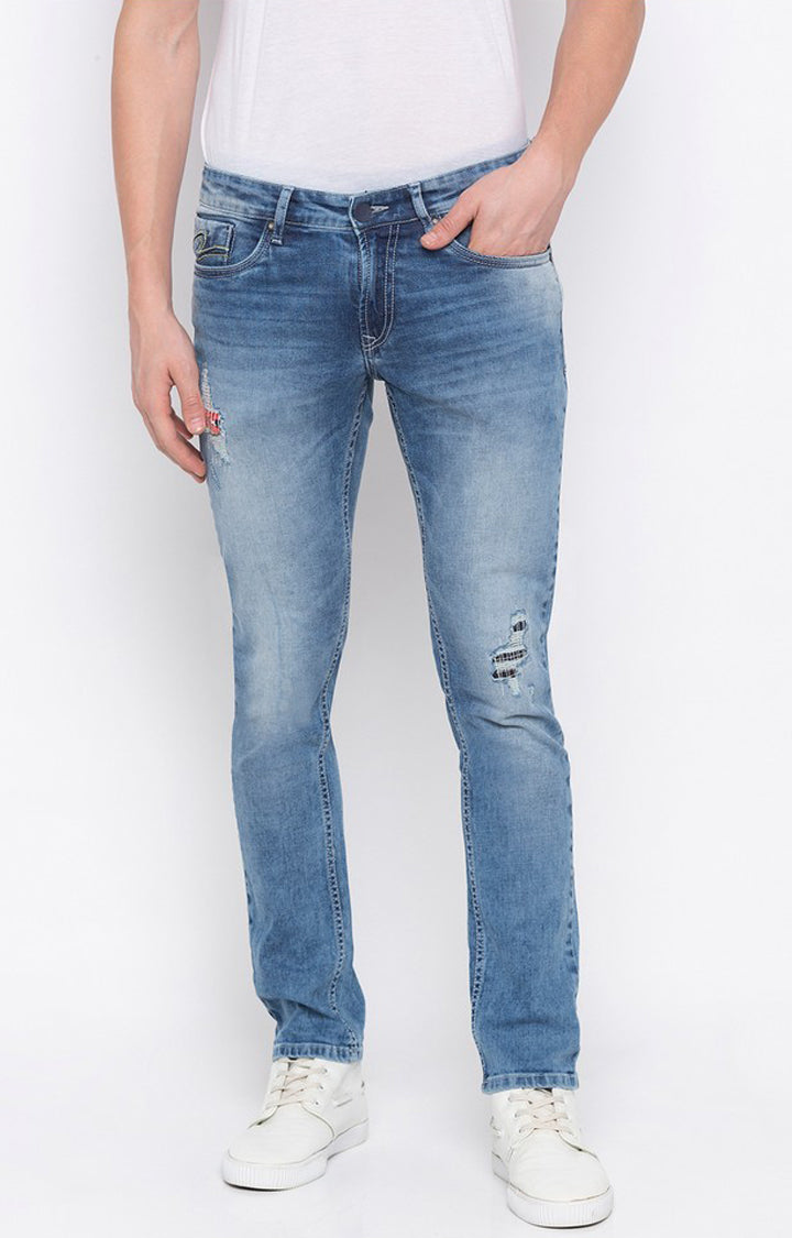 Spykar Blue Cotton Slim Fit Jeans For Men