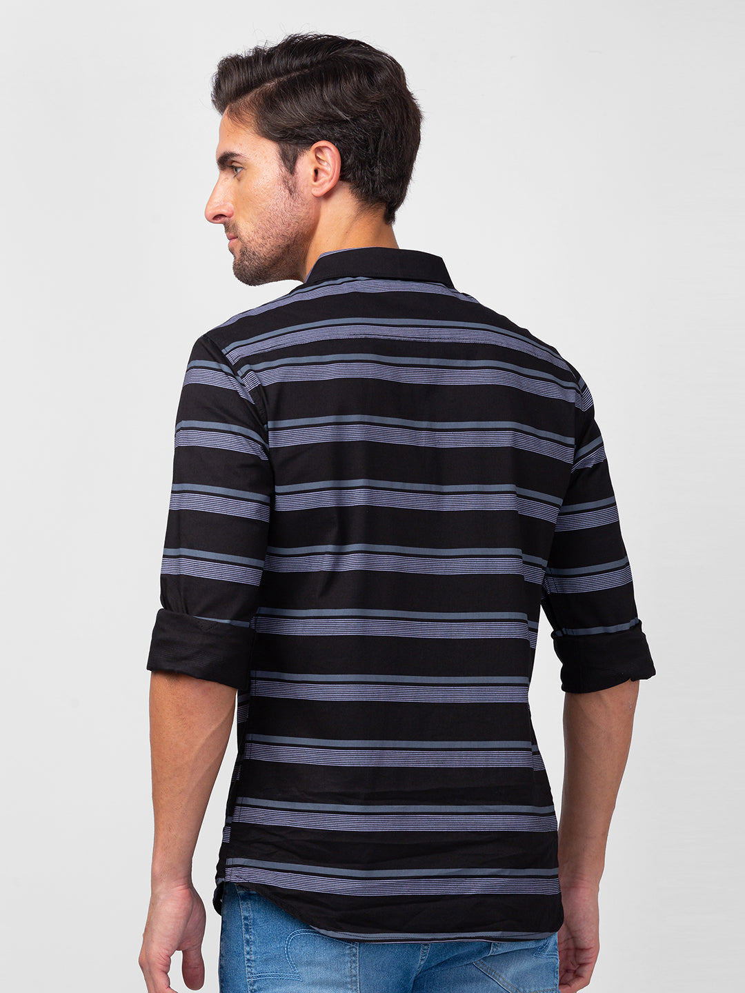 Spykar Men Black Cotton Slim Fit Striped Shirts