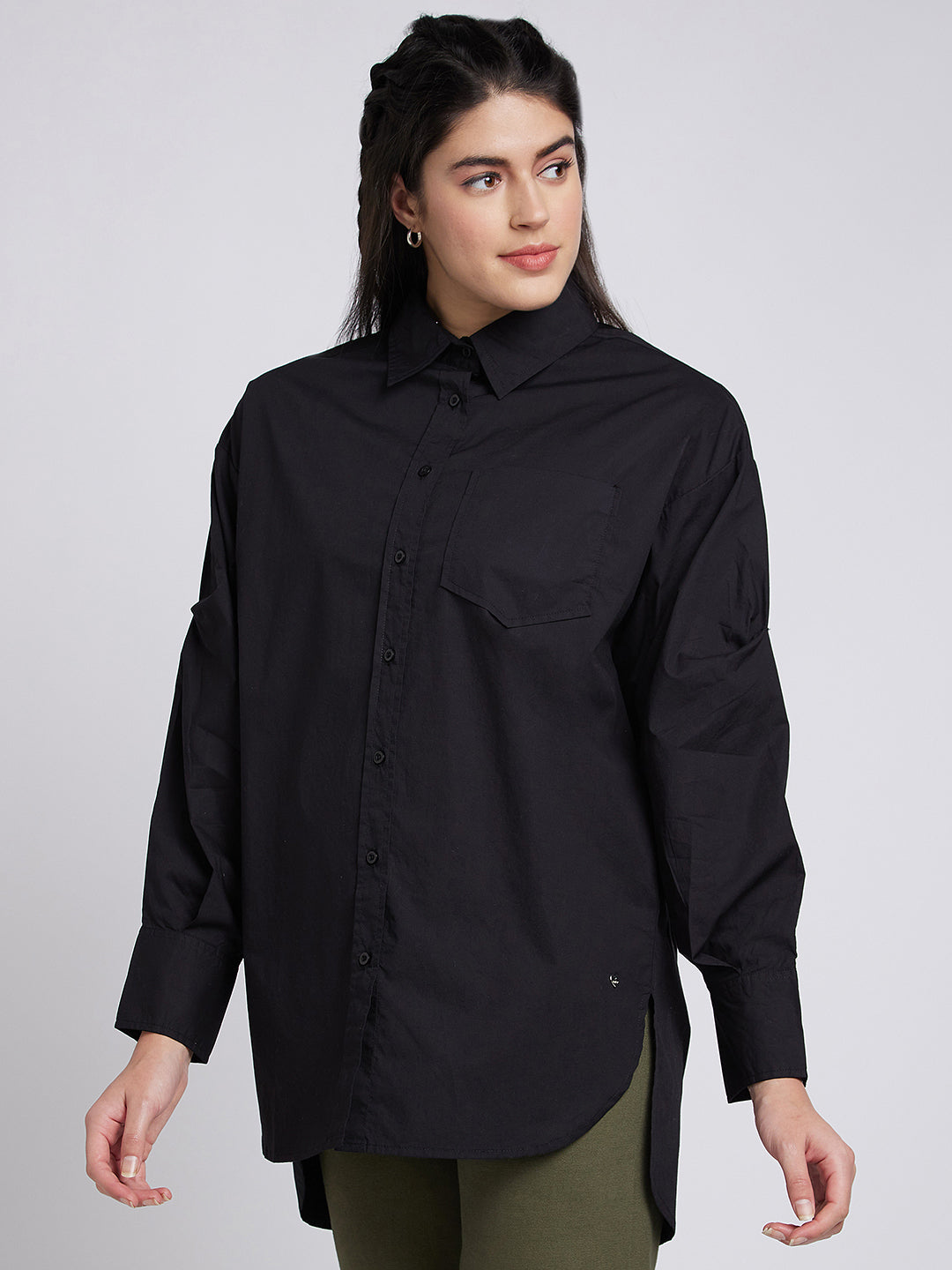Spykar Women Black Cotton ComFort Fit Asymmetric Plain Shirts