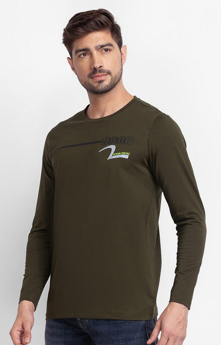 Spykar Rifle Green Cotton Full Sleeve Printed Casual T-Shirt For Men